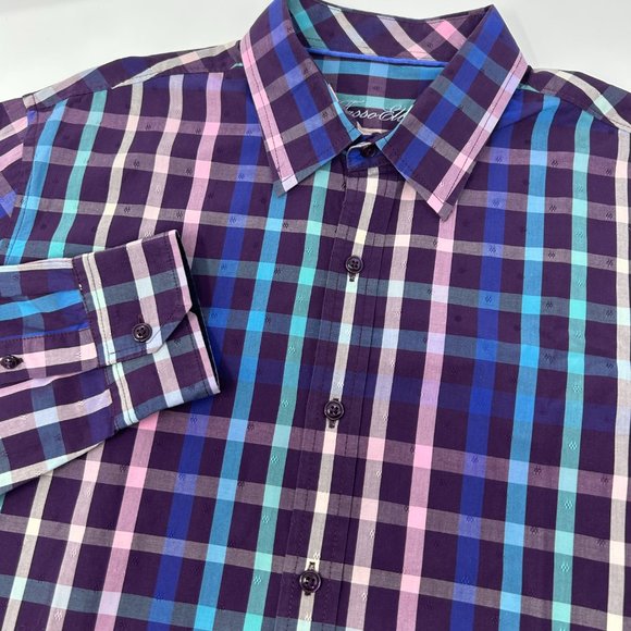 Tasso Elba Mens Button Up Plaid Shirt‎ Size L - Picture 1 of 13